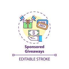 Sponsored giveaways concept icon. Sponsorship virtual events idea thin line illustration. Brand and target audience relationship development. Vector isolated outline RGB color drawing. Editable stroke