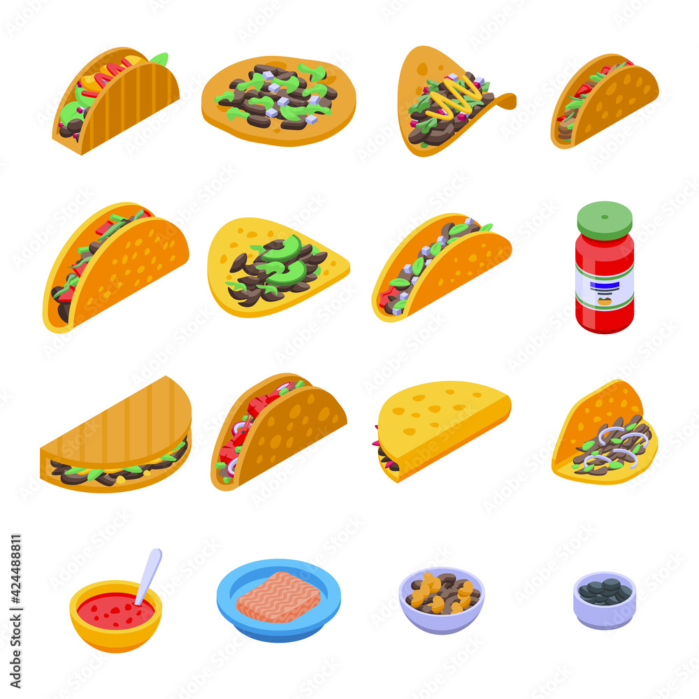 Poster tacos icons set. isometric set of tacos vector icons for web design isolated on white background