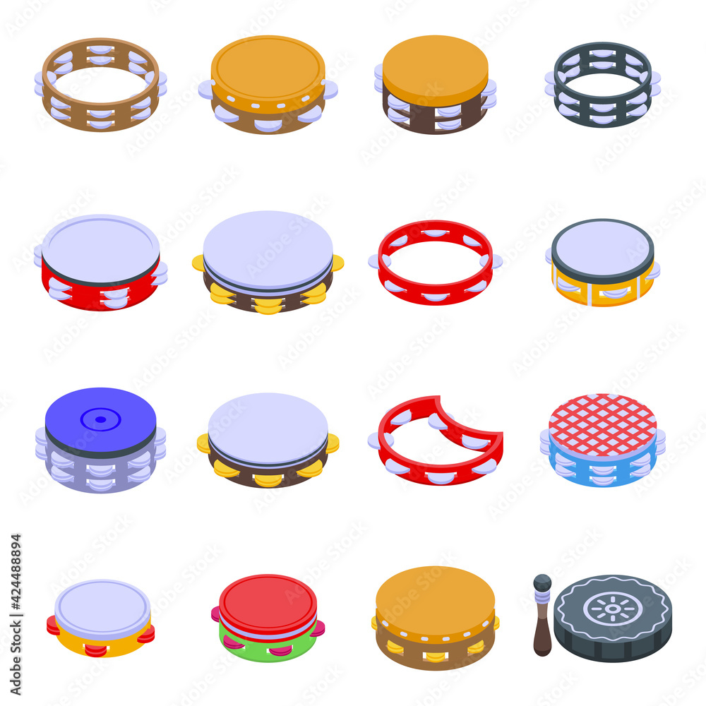 Poster tambourine icons set. isometric set of tambourine vector icons for web design isolated on white back