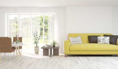 White living room with sofa and summer landscape in window. Scandinavian interior design. 3D illustration