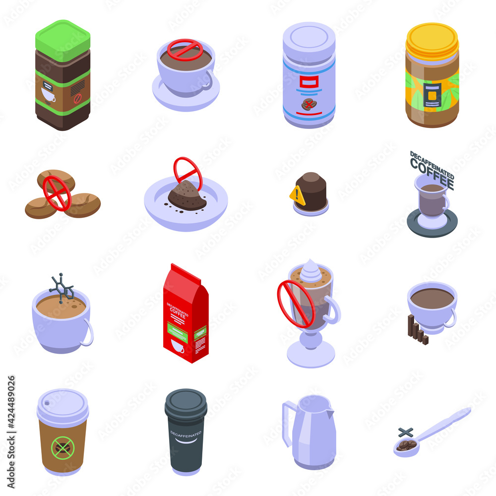 Poster decaffeinated coffee icons set. isometric set of decaffeinated coffee vector icons for web design is