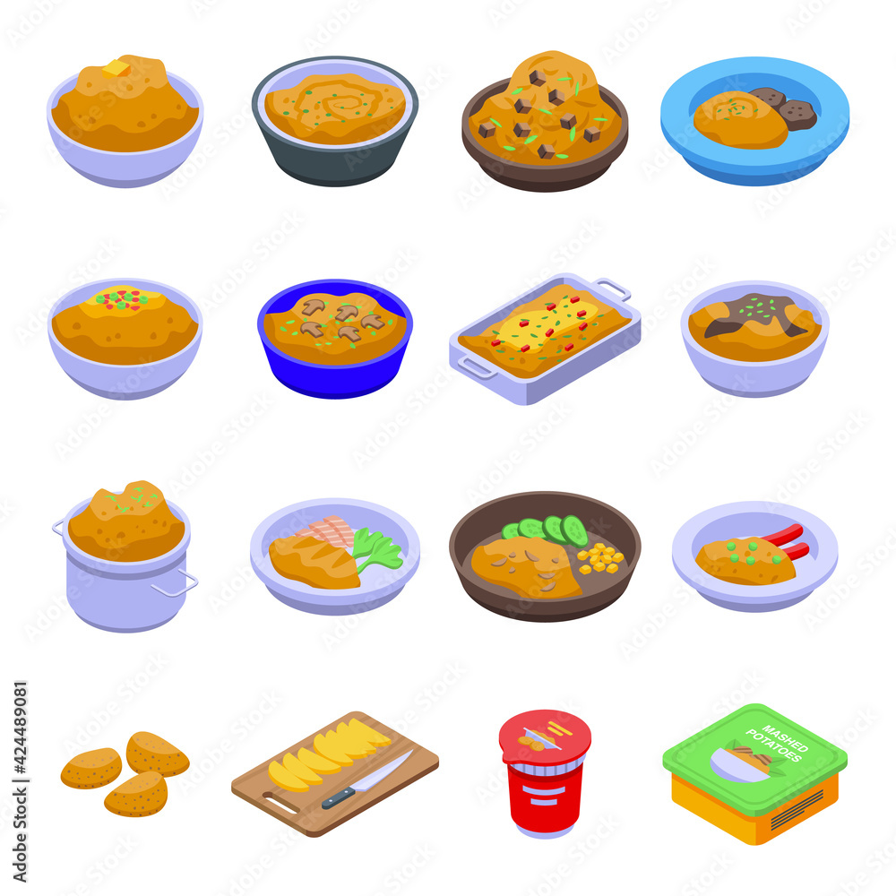 Poster mashed potatoes icons set. isometric set of mashed potatoes vector icons for web design isolated on 