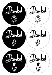 Obraz premium Vektor Vorlage für Sticker und Etiketten mit Danke! Schrift und Pflanzen Grafiken in jeweils schwarz und weiß.