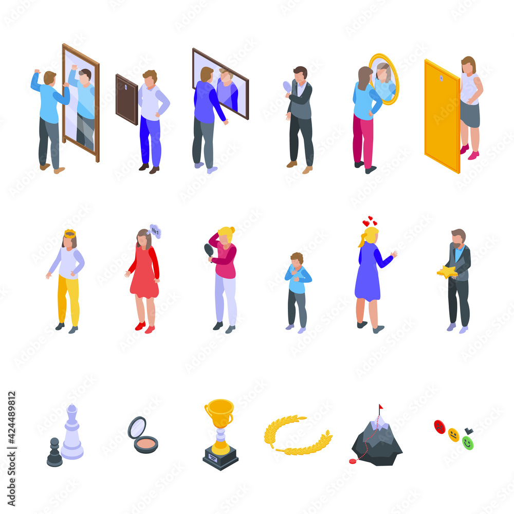 Poster self-esteem icons set. isometric set of self-esteem vector icons for web design isolated on white ba