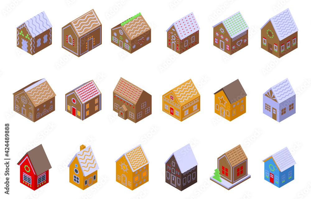 Wall mural Gingerbread house icons set. Isometric set of gingerbread house vector icons for web design isolated on white background - Wall murals