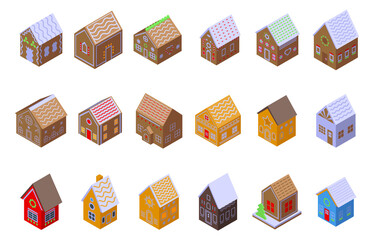 Gingerbread house icons set. Isometric set of gingerbread house vector icons for web design isolated on white background