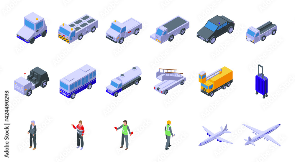 Poster airport ground support service icons set. isometric set of airport ground support service vector ico