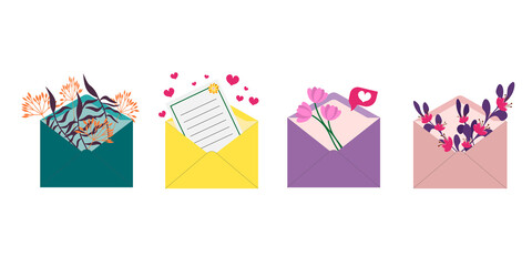 A set of multi-colored postal envelopes and bouquets of flowers. Vector elements for use in postcards, decor and design, invitations, flyers, illustrations.