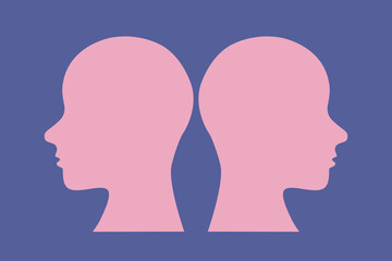 Two persons looking in different direction. Opposition illustration, love conflict. Human heads outlines. For prints, thumbnails, covers.