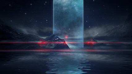 Futuristic fantasy night landscape with abstract landscape and island, light triangle, glow, neon. Dark natural scene with light reflection in water. Neon space galaxy portal. 