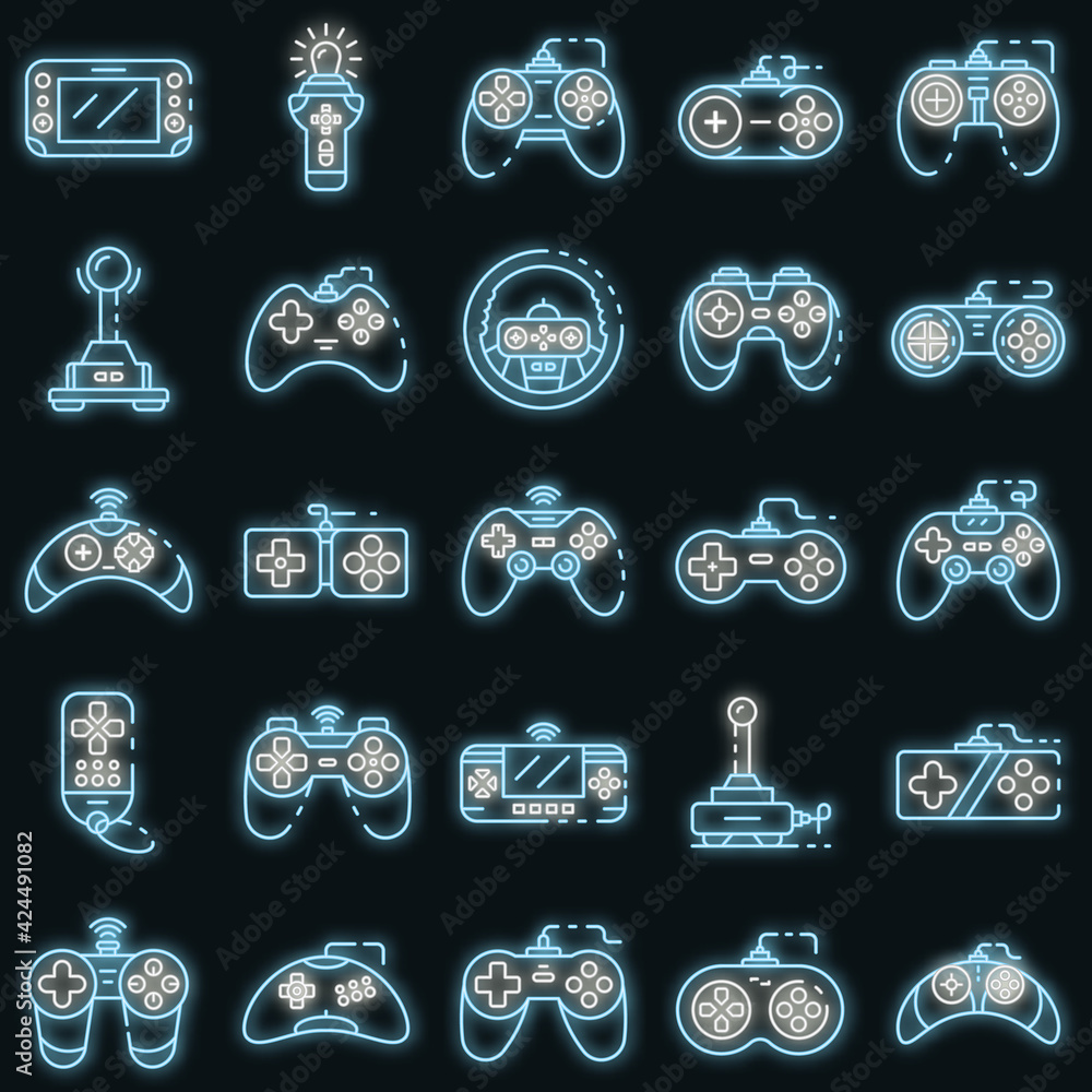 Aufkleber joystick icons set. outline set of joystick vector icons neon color on black