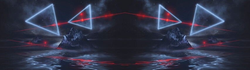 Futuristic fantasy night landscape with abstract landscape and island, light triangle, glow, neon. Dark natural scene with light reflection in water. Neon space galaxy portal. 