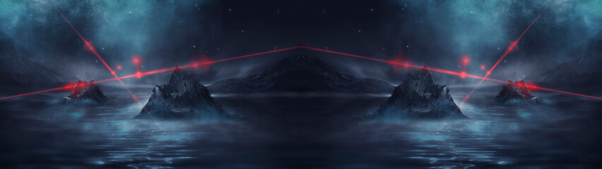 Obraz premium Futuristic fantasy night landscape with abstract landscape and island, light triangle, glow, neon. Dark natural scene with light reflection in water. Neon space galaxy portal. 