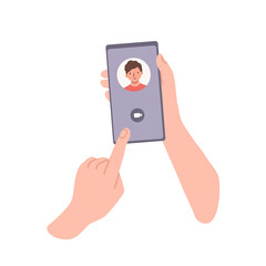 Hand holding a mobile phone with incoming video call from a friend or co-worker. Video chat and modern technologies concept. Flat vector illustration