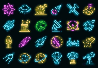 Space research technology icons set. Outline set of space research technology vector icons neon color on black © ylivdesign
