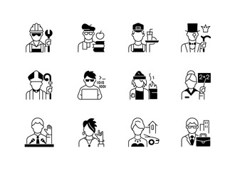 Social status black linear icons set. Lower and upper class. Political elite. Intelligentsia, aristocratic group. Computer expert. Glyph contour symbols. Vector isolated outline illustrations