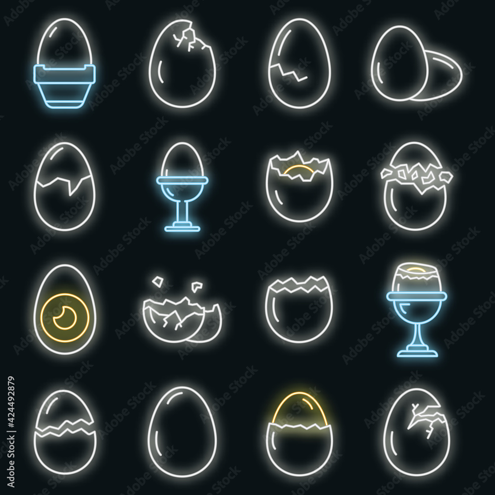 Poster eggshell icons set. outline set of eggshell vector icons neon color on black