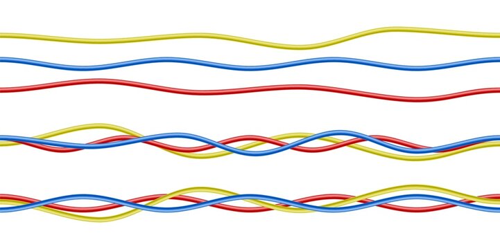 Vector colorful realistic red, blue, yellow electricity cables. Isolated on white background.