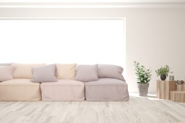 White living room with sofa. Scandinavian interior design. 3D illustration