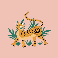 Golden tiger and jungle vector illustration. Wild asian tiger. Traditional tattoo art.