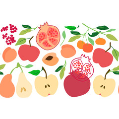 Peach and red fruit hand drawn seamless vector border on white background EPS10