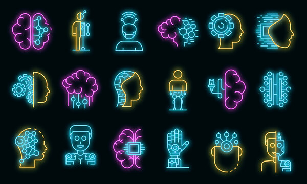 Humanoid icons set. Outline set of humanoid vector icons neon color on black
