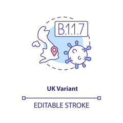 Uk variant concept icon. Disease becoming more deadly and difficult to treat. Illness types. Covid idea thin line illustration. Vector isolated outline RGB color drawing. Editable stroke