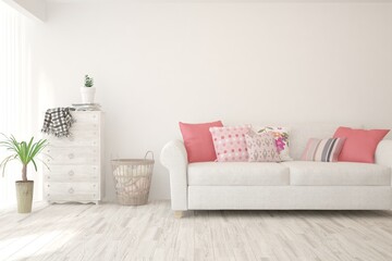 White living room with sofa and pink pillows. Scandinavian interior design. 3D illustration