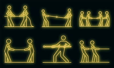 Tug of war icons set. Outline set of tug of war vector icons neon color on black