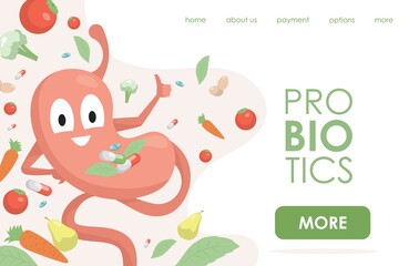 Probiotics vector flat landing page template with text space. Happy stomach showing thumbs up. Pills with vitamins, supplements and minerals, fruits, and vegetables. Benefits of probiotics for health.