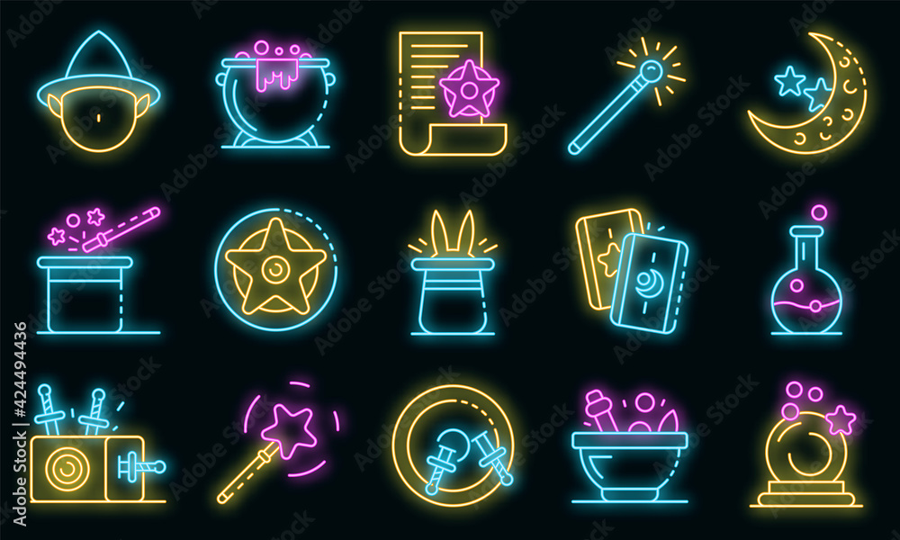 Aufkleber wizard tools icons set. outline set of wizard tools vector icons neon color on black