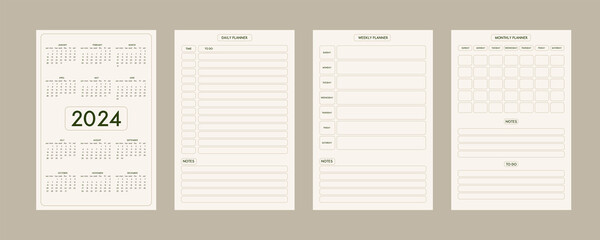 2024 calendar daily weekly monthly personal planner diary template minimalist trendy style, pastel beige olive natural color palette. Week starts on sunday