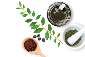 Dry Henna leaf, Herbal Henna hair dye powder and coffee powder in wooden on wood table. Natural...
