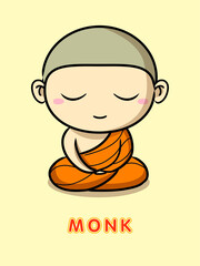 Buddhist monk in orange robes sitting in meditation. Cute cartoon thailand monk meditating vector illustration.