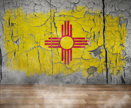 New Mexico Flag Paint on empty Cracked wall room and Wooden Floor with smoke Single Flag  