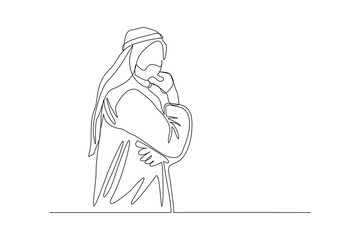 Continuous line drawing of Islamic arabic pensive male standing looking away against. Single one line drawing of standing middle east muslim man thinking. Vector illustration