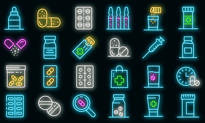 Antibiotic icons set. Outline set of antibiotic vector icons neon color on black