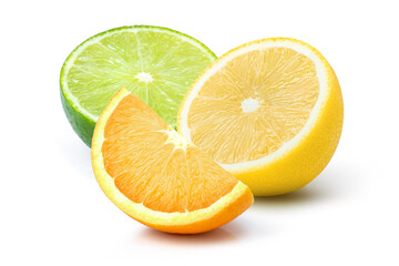 citrus fruit sliced ( orange, lime, lemon ) isolated on white background.