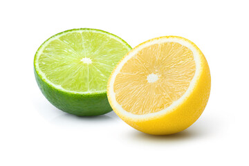 Fresh lemon and lime fruit half sliced isolated on white background.