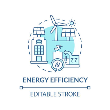 Energy Efficiency Concept Icon. Office Building Requirement Idea Thin Line Illustration. Design, Construction Techniques. Zero Energy Place. Vector Isolated Outline RGB Color Drawing. Editable Stroke