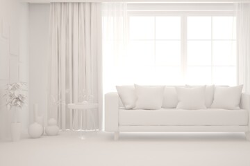 White minimalist living room with sofa. Scandinavian interior design. 3D illustration