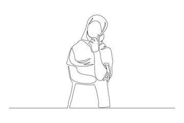 Continuous line drawing of Islamic arabic pensive female in hijab scarf standing looking away against. Single one line drawing of standing middle east muslim woman thinking. Vector illustration