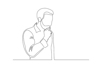 Continuous line drawing of young pensive male standing looking away against. Single one line drawing of standing man thinking. Vector illustration