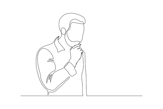 recommend clip art: Continuous line drawing of young pensive male standing looking away against. Single one line drawing of standing man thinking. Vector illustration