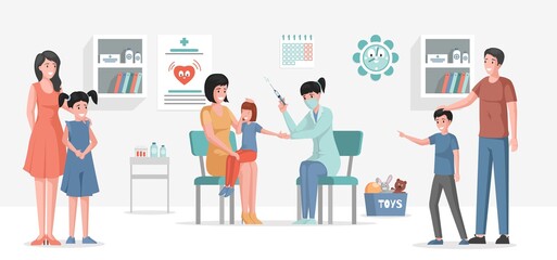Vaccination of children against different diseases vector flat cartoon illustration. Mothers and fathers with kids in hospital waiting for their turn for injections. Immunity health concept.