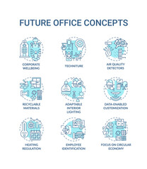 Future office concept icons set. Corporate wellbeing idea thin line RGB color illustrations. Adaptable interior lighting. Data-enabled customization. Vector isolated outline drawings. Editable stroke