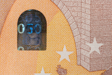 Closeup of 50 Euro banknote, Design of new 50 Euro Bills. European Money Fifty Euros. European...