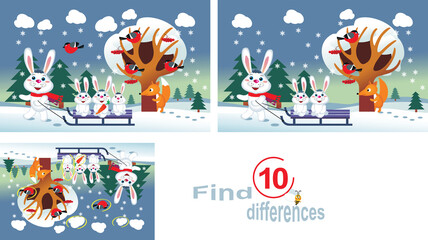Winter.Rabbits in the woods. Find the 10 differences.
