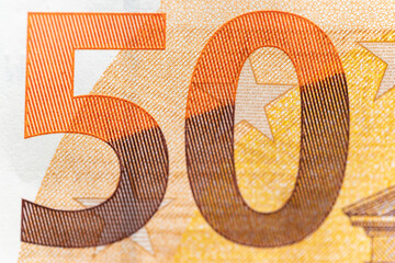 Closeup of 50 Euro banknote, Design of new 50 Euro Bills. European Money Fifty Euros. European Union Monetary Union