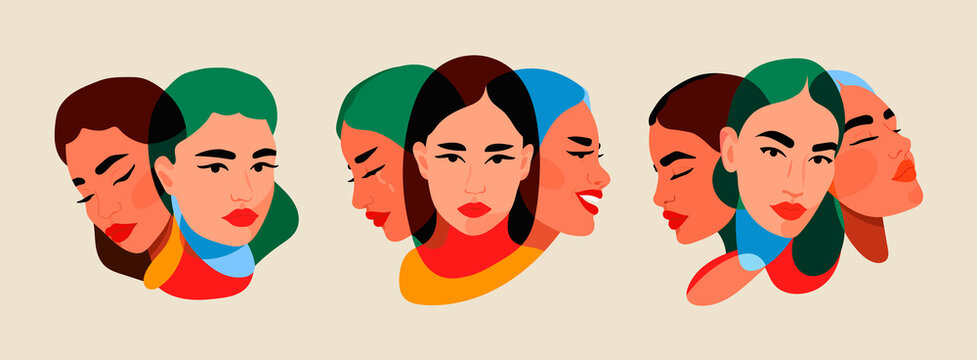 Set Of Women With Two Different Personalities. Split Personality, Bipolar Disorder, Mood, Emotions, Mind Mental, Psycho Therapy Concept. Abstract Vector Illustrations